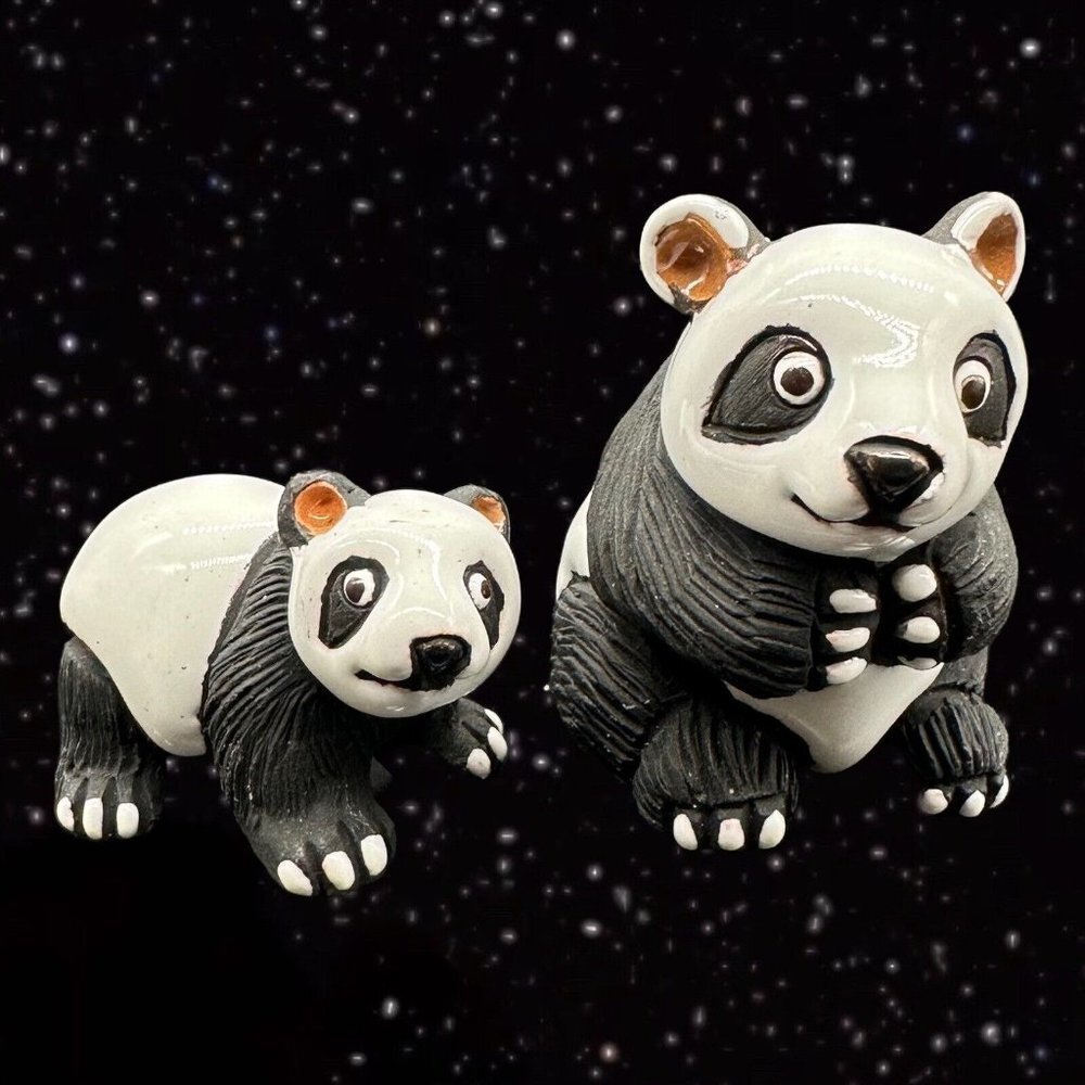 LEPS Peru Folk Art Pottery Panda‎ w Cub Clay Handmade Figurine Marked 2 Set 2”T